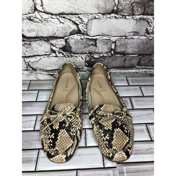 Aldo Cream Snake Skin Print Bow Leather Mocs Driving Shoes Women Sz 8M US/38.5EU - Picture 13 of 16